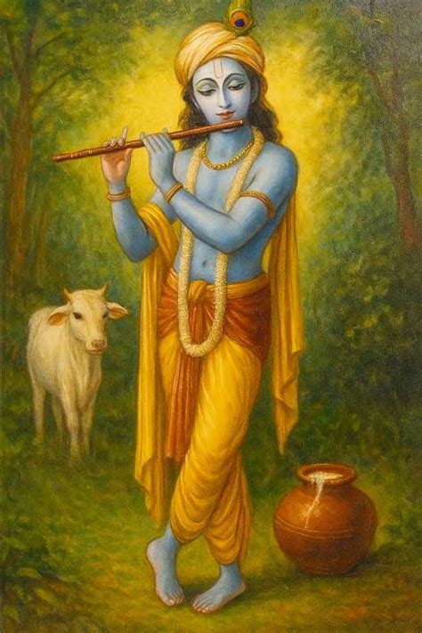 Lord Krishna Painting with Flute, Cow & Butter | Spiritual Wall Decor ...