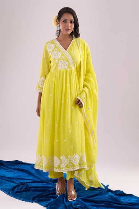 Buy Yellow Cotton V-neck Embroidered Anarkali Set For Women by Samyukta ...