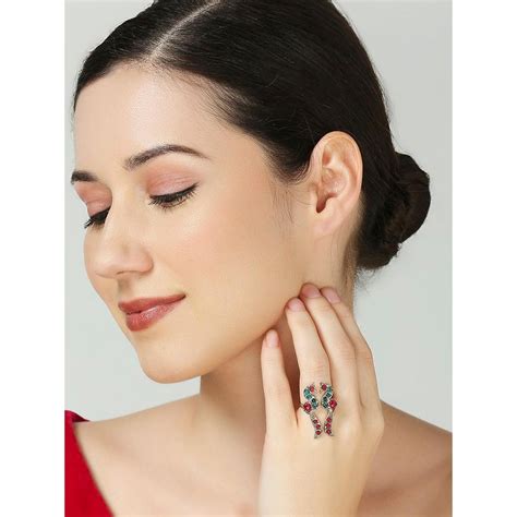 Buy OOMPH Maroon and Green Jadau Ring - Peacock Bird Design - Moti ...