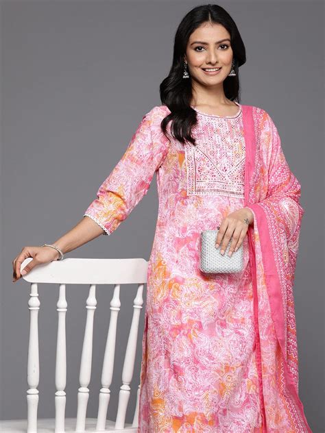 Varanga Women Pink Printed Round Neck Yoke Embroidered Straight Kurta ...
