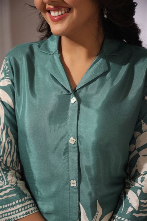 Pista Green Floral Printed Russian Silk Co-ord