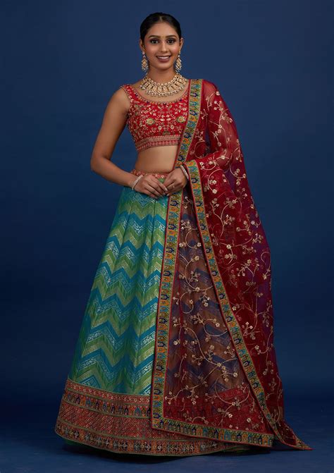 Buy Rama Green Zariwork Banarasi Semi Stitched Lehenga - Koskii