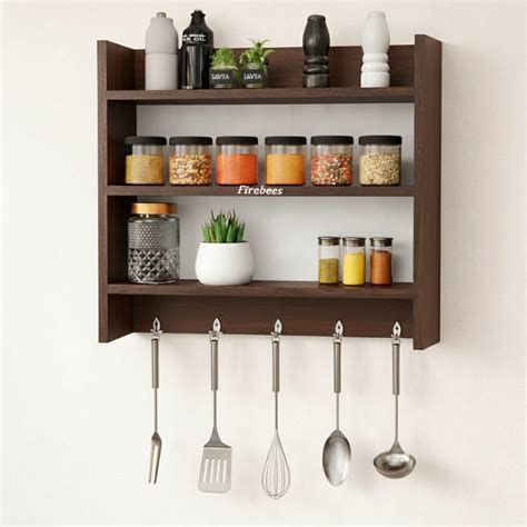 FireBees Wooden Kitchen Rack Wall Mounted with Hooks | Kitchen ...