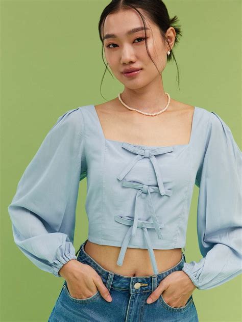 Bow Tie Cropped Blouse - Blue - Pomelo Fashion