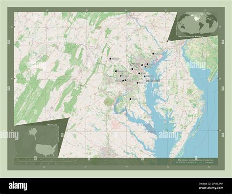 Maryland, state of United States of America. Open Street Map. Locations ...