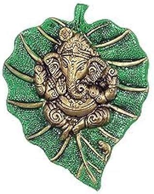 Buy eCraftIndia Metal Golden Lord Ganesha Idol On Green Leaf Ganesha ...