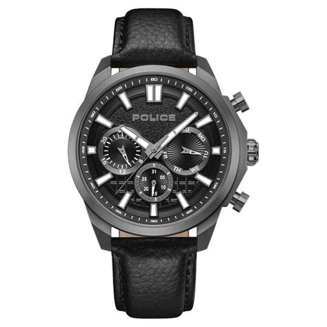 Police Quartz Multifunction Black Dial Black Leather Strap Watch For M