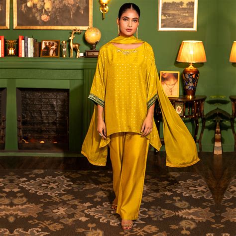 Ochre Yellow Asymmetric Top And Palazzo Set – Suvidha Fashion