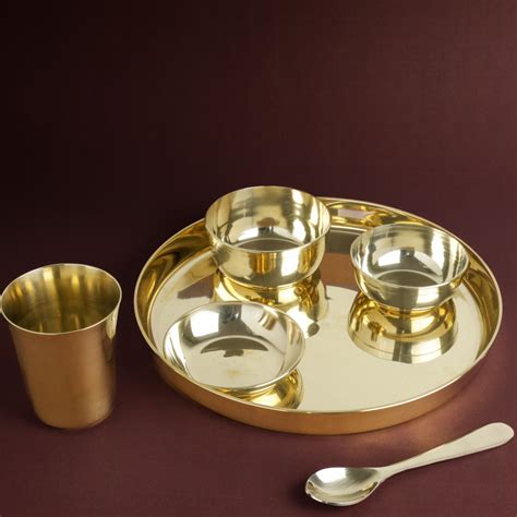 Plain Kansa Thali Set 6Pcs - 1 Thali, 1 Glass, 2 Bowls, 1 Chutney Bowl ...