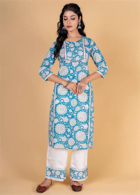 Get Breezy Blue Block Printed Kurta at ₹ 2150 | LBB Shop