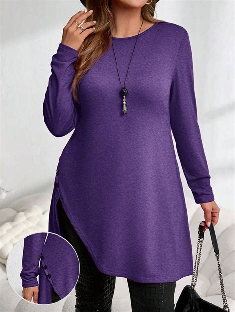 EMERY ROSE Plus Size Red Asymmetrical Hem Button Down Long Tee,Fall ...