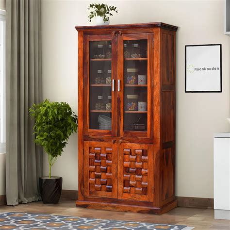 MoonWooden Sheesham Wood Crockery Cabinet with Glass Door for Home and ...