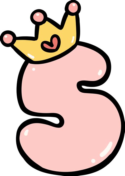 Cute pink birthday number 5 with crown illustration doodle outline ...