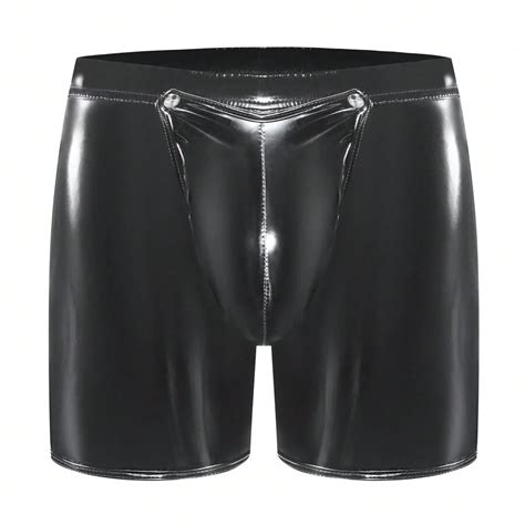 Syhzlz Mens Sexy Open Crotch Shiny Leather Short Pants Button ...