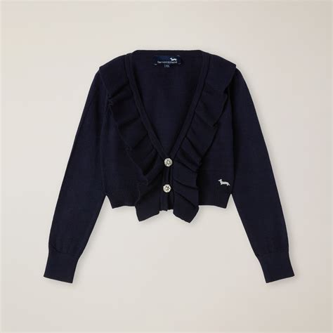 Navy Blue Cardigan With Ruffles And Jewel Buttons