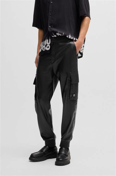 HUGO - Regular-fit cargo trousers in faux leather - Black