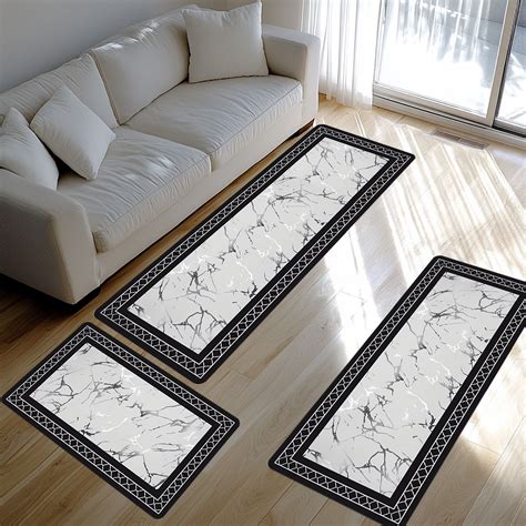3-Piece Marble Pattern Kitchen Rug Set - Non-Slip, Machine Washable ...