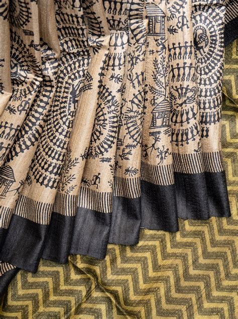 Beige and Black Warli Hand-Printed Pure Tussar Saree – Clio Silks