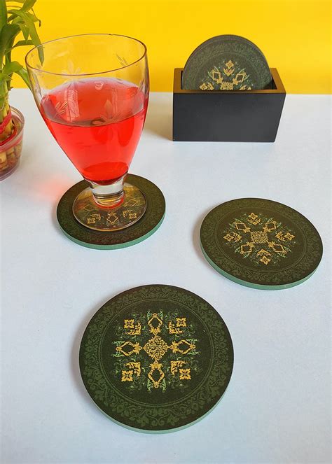 Get Round Green Mughal Inspired Wooden Coaster with Holder Set of 6 at ...