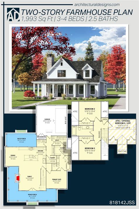 Plan 818142JSS: Two-Story Farmhouse Plan with Wrap Around Porch Under ...