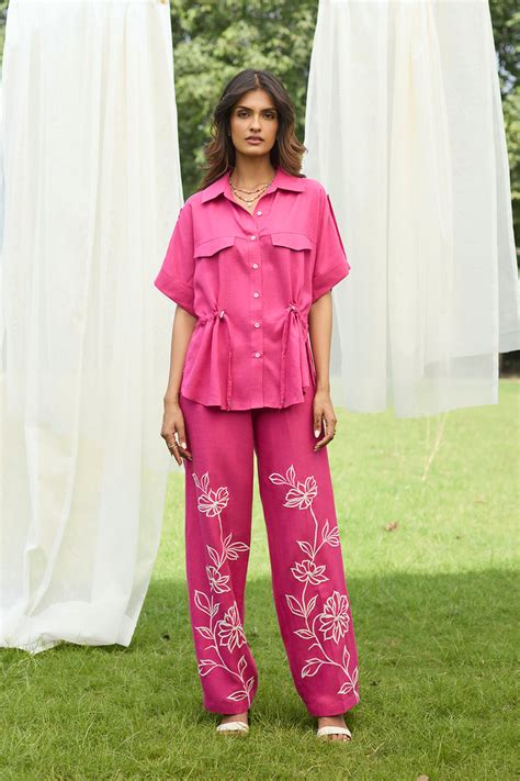Pink Floral Embroidered Linen Set – INCHING INDIA