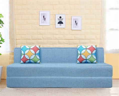 Buy Aqua Blue Sofa Cum Bed | 6 x 6.5 | 2 Jharoha Cushions