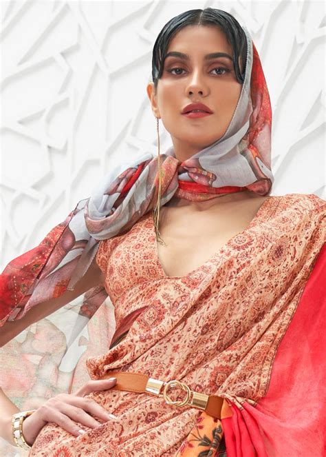 Brown & Pink Digital Floral Printed Crepe Silk Saree - C