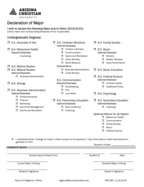 Fillable Online arizonachristian Declaration of Major I wish to declare ...
