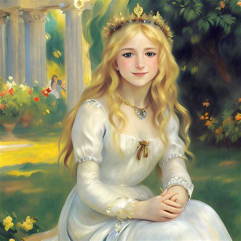 Maiden, long blonde hair, bay leaf crown, in the garden, dawn,Oi... - Arthub.ai