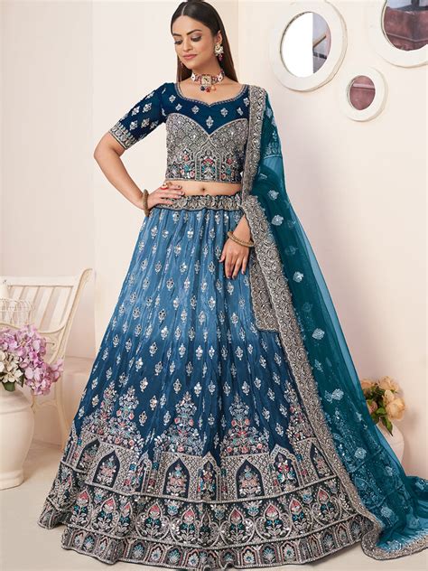 Blue Satin Embellished Semi stitched Lehenga With Unstitched