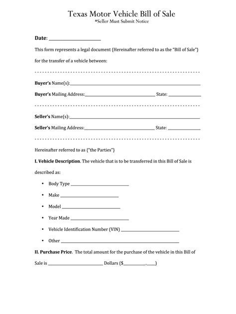 TX Motor Vehicle Bill of Sale - Blank Fillable Template | Fill Out ...