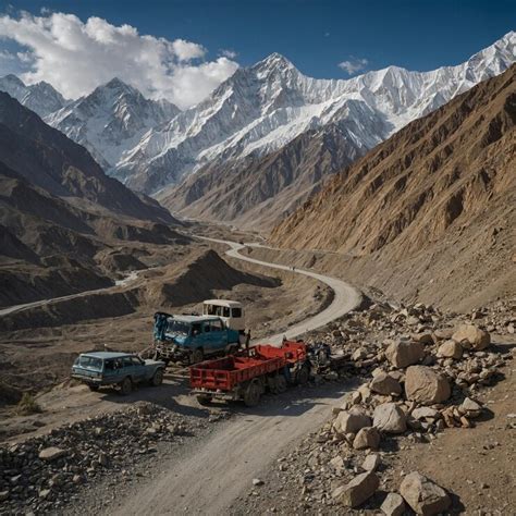 A truck is parked on a dirt road with a mountain in the background ...