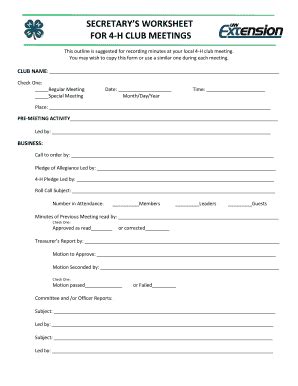 Fillable Online walworth uwex SECRETARYS WORKSHEET FOR 4-H CLUB ...