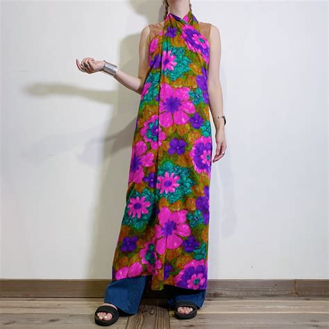 60-70s flower printed wrap halter neck dress | LEMON