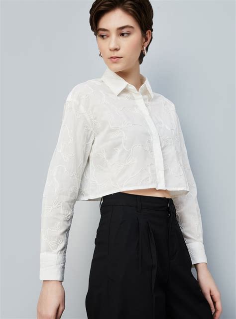 Buy Women Embroidered Boxy Fit Crop Shirt Online at just Rs. 899.0 ...
