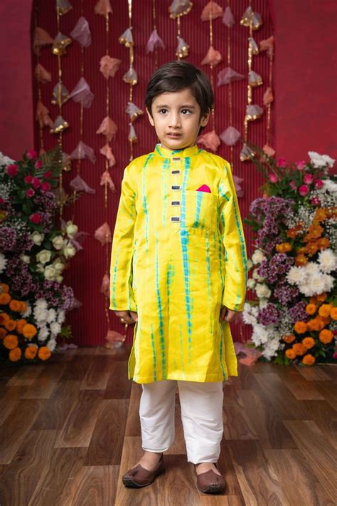 Bright Yellow Kurta Set with Turquoise Accents and Red Pocket Square ...