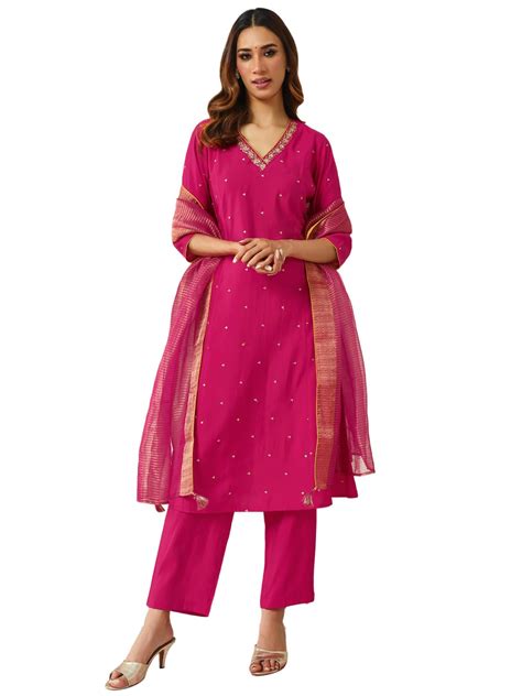 Buy FIORRA Women's Pink Chanderi A-line Kurta with Pant and Dupatta ...