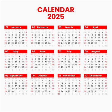 التقويم الأحمر 2025 المتجه قالب تحميل مجاني على ينغتري