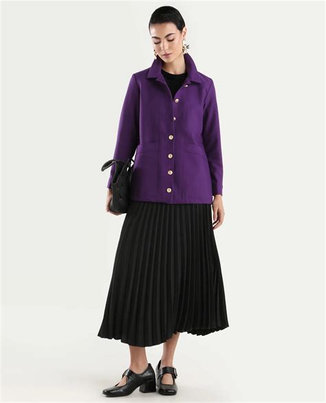Rareism Women's Yeppon Purple Spread Collar Plain Cuffed Sleeve Hip Le