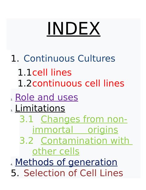 Cell lines (ACC) - INDEX 1. Continuous Cultures 1 lines 1 cell lines 2 ...