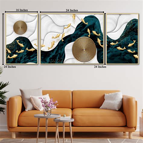 Golden Mystique Framed Canvas Wall Painting Set of 3 | Dekor Company