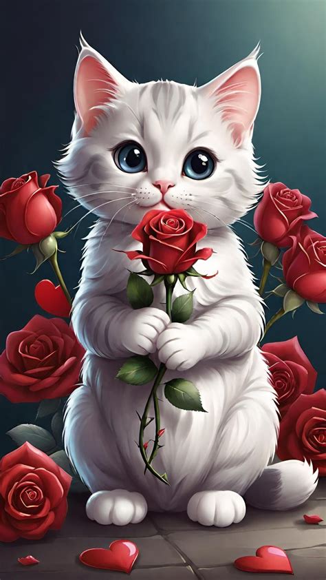 White Cat with Blue Eyes and Red Rose