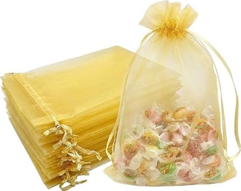 DMS RETAIL Golden Return Gift Organza Bags Drawstring Pouches Sheer ...
