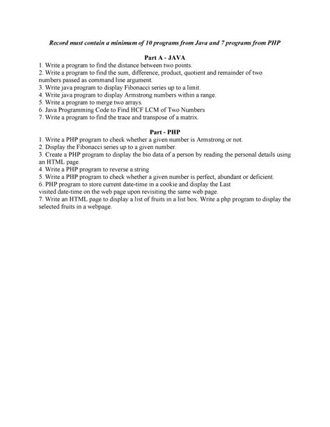 Java and PHP model - Java and php program list - Record must contain a ...