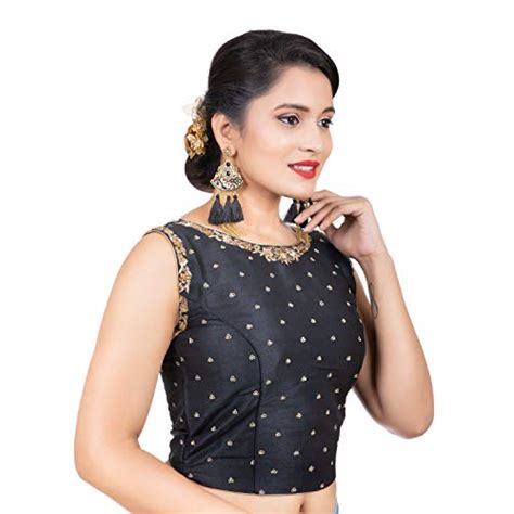 Buy Auriglam Women's Tussar Silk Sleeveless Saree Blouse (R418-BLACK_42 ...