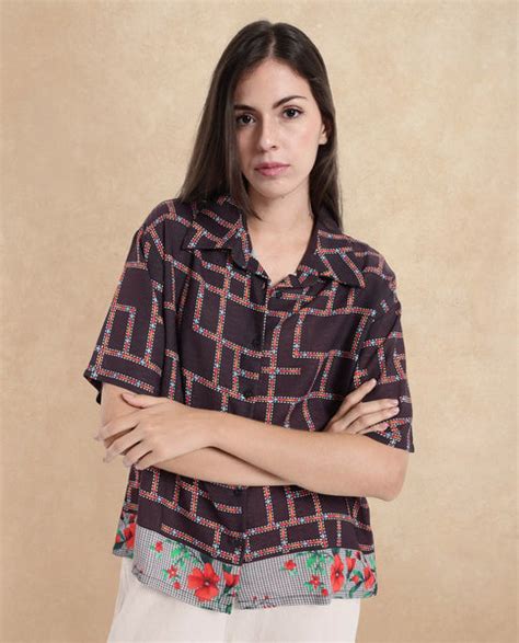 Rareism Women's Lombard Brown Viscose Blend Spread Collar Geometric Pr