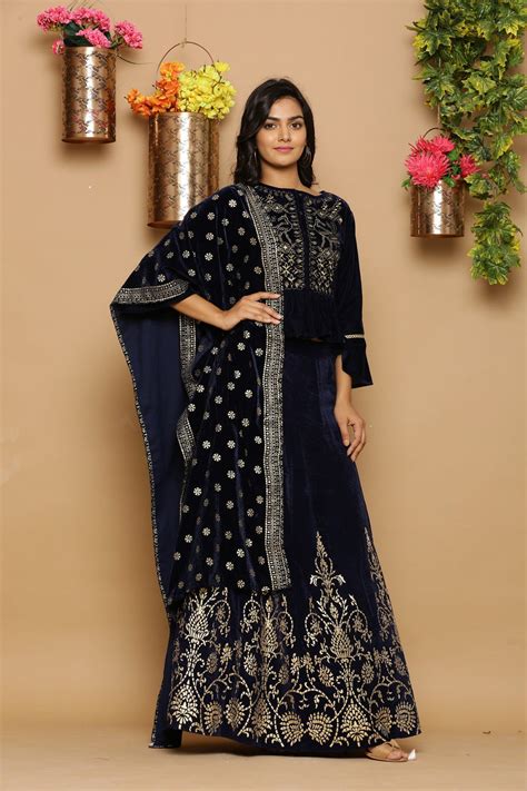 Navy Blue Velvet Ethnic Motif Lehenga Choli & Dupatta Set | Juniper Fashion