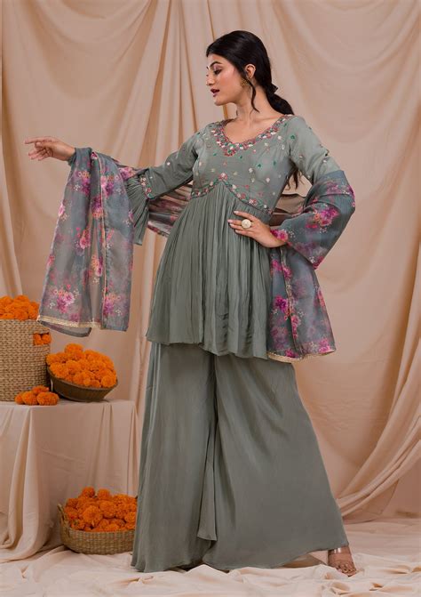 Buy Grey Threadwork Crepe Readymade Sharara Suit - Koskii