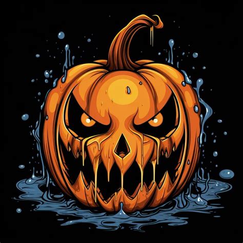 A cartoon pumpkin with a scary face in the background in the style of ...