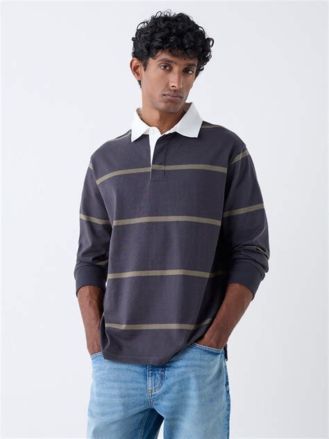 Buy WES Casuals Dark Grey Striped Relaxed Fit Cotton-Blend Polo T-Shirt ...